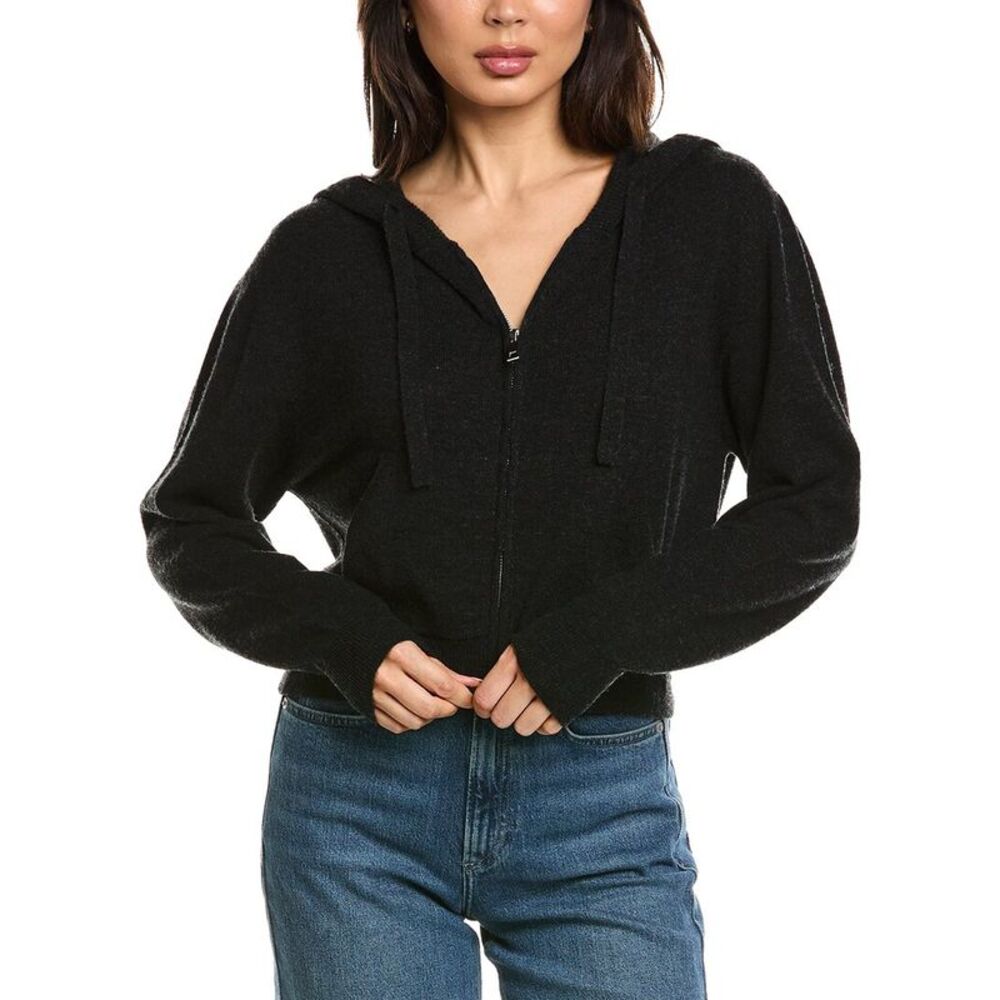 Brodie Cashmere Womens  Cropped Zip Up Wool & Cashmere-Blend Hoodie, Black